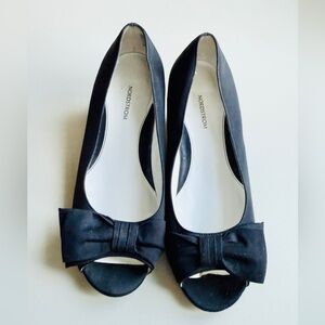 Nordstrom Black Satin Pumps Peep-Toe Bow Heels